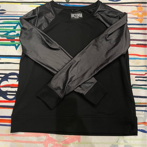 Victoria Sport Tops Victoria Sport Black Faux Leather Sleeve Crewneck Sweatshirt - Picture 3 of 4